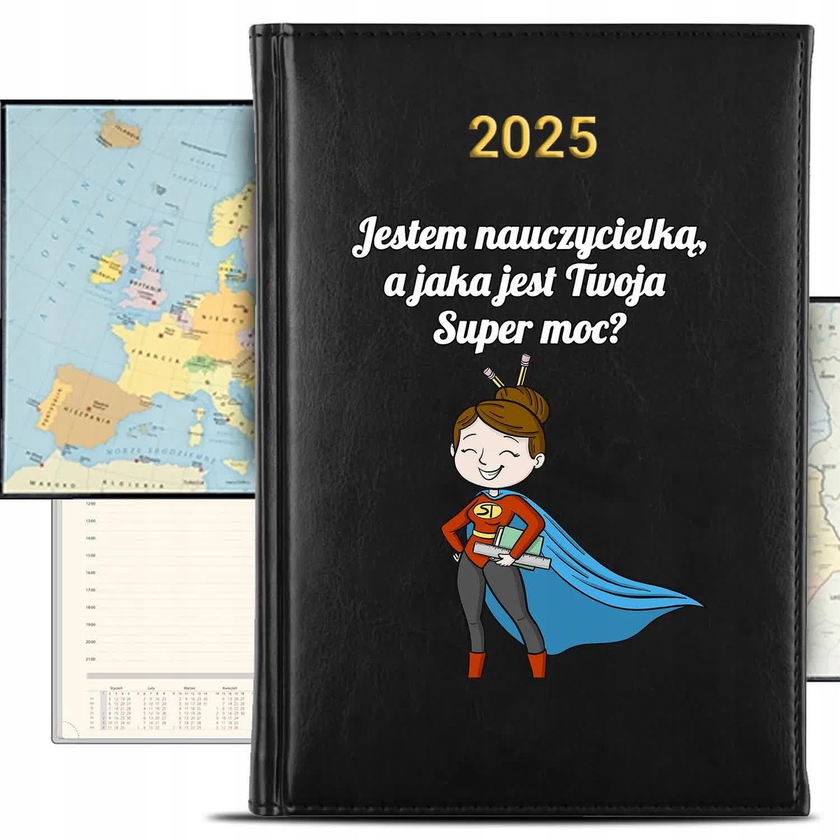 KALENDARZ 2025 Książkowy Czarny Planer Nauczycielka Superbohaterka KREATOR