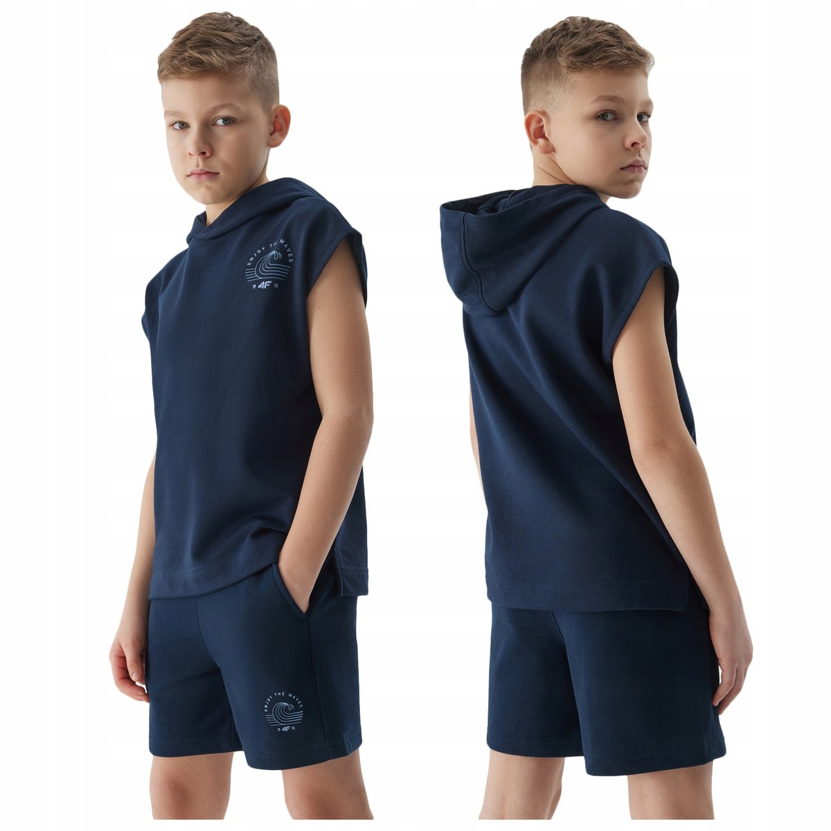 BLUZA dziecięca bez rękawów z KAPTUREM + SPODENKI dresowe 4F KOMPLET 134
