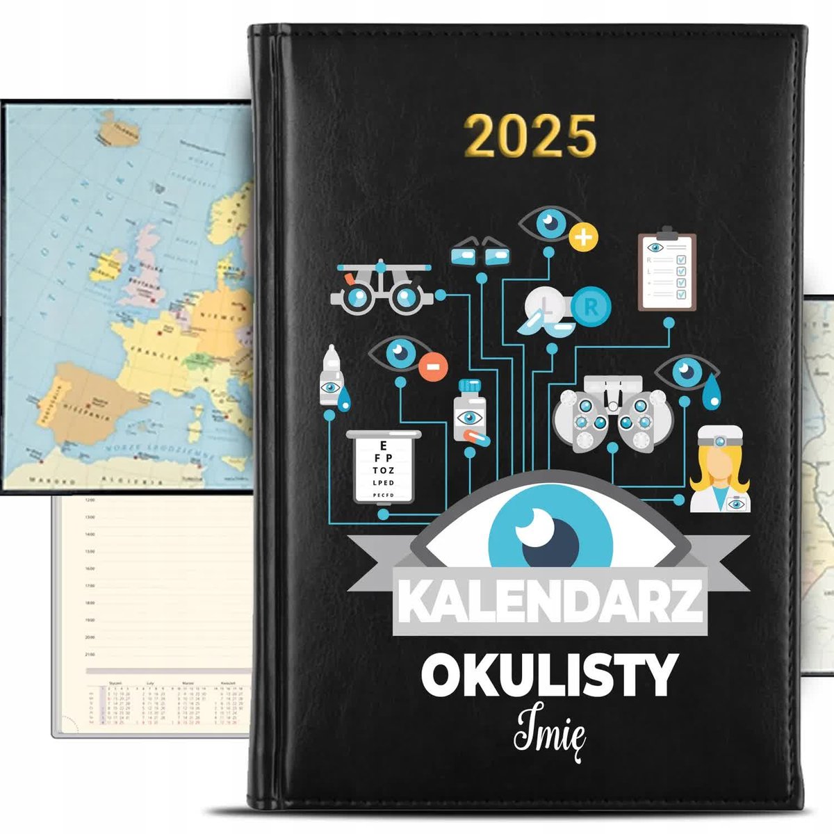 KALENDARZ 2025 Rok Książkowy Czarny Planer Terminarz OKULISTY IMIĘ KREATOR