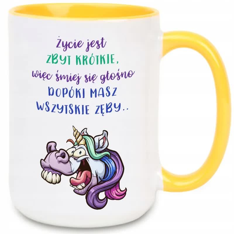 Kubek DUŻY Żółty ŻYCIE JEST ZBYT KRÓTKE WIĘC ŚMIEJ SIĘ Prezent Wzory