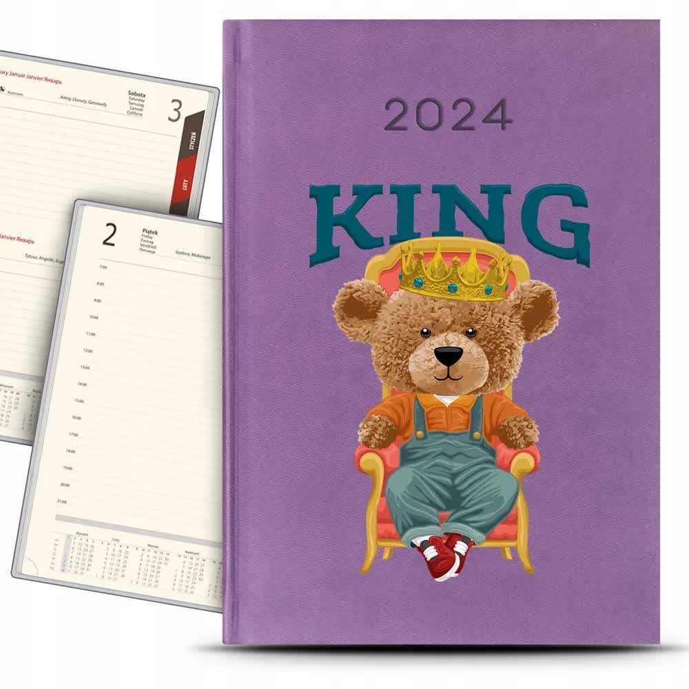 Kalendarz Książkowy 2024 Planer Dzienny Fioletowy Miś Król Pluszowy Wzory