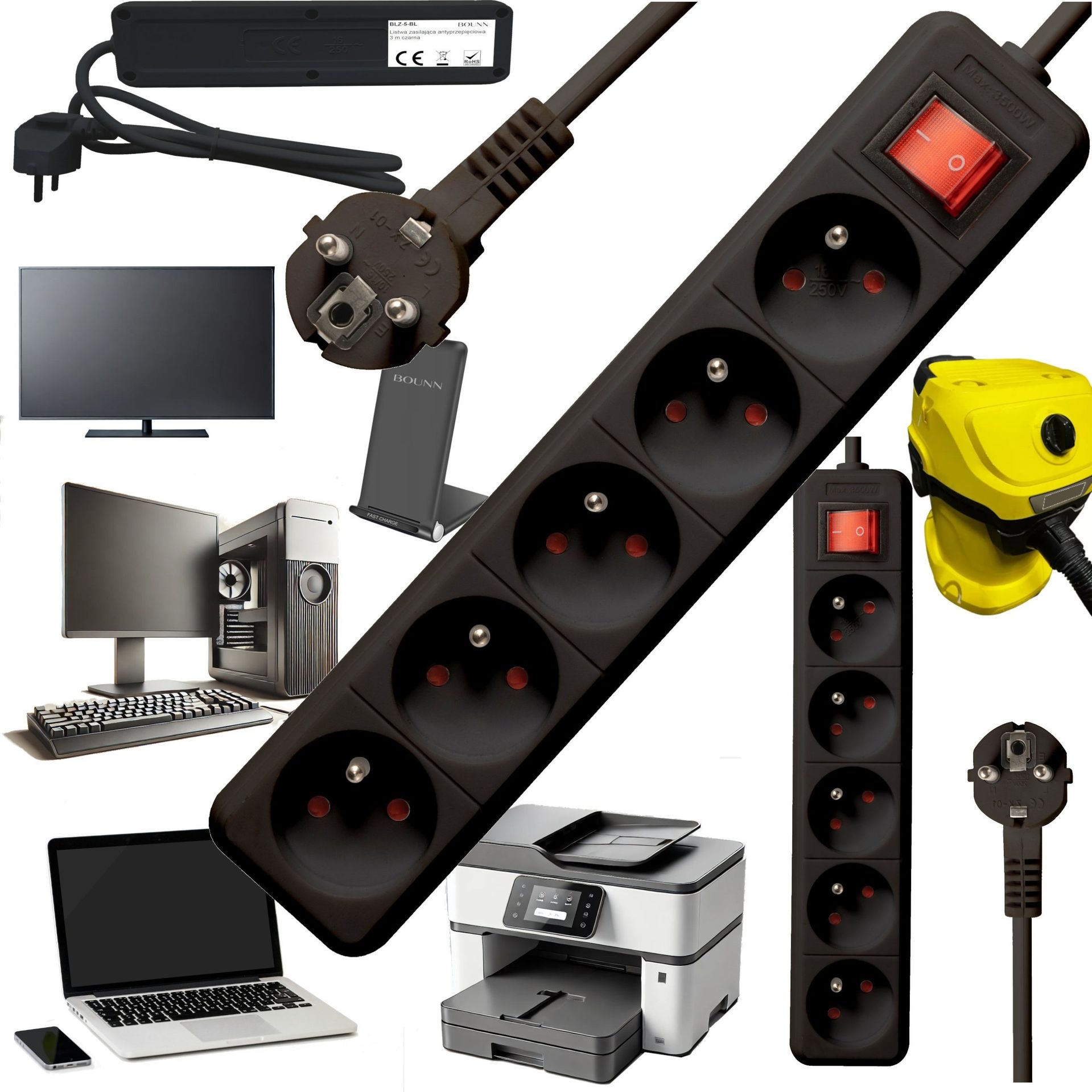 Listwa zasilająca Bounn BOUNN listwa zasilajÄ ca antyprzepiÄciowa 5 gniazd 3 m czarna 16A