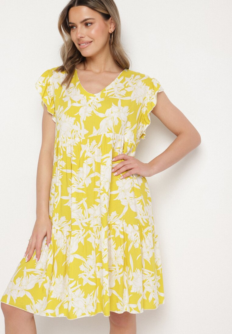 Żółta Bawełniana Sukienka o Rozkloszowanym Kroju w Kwiaty Libella