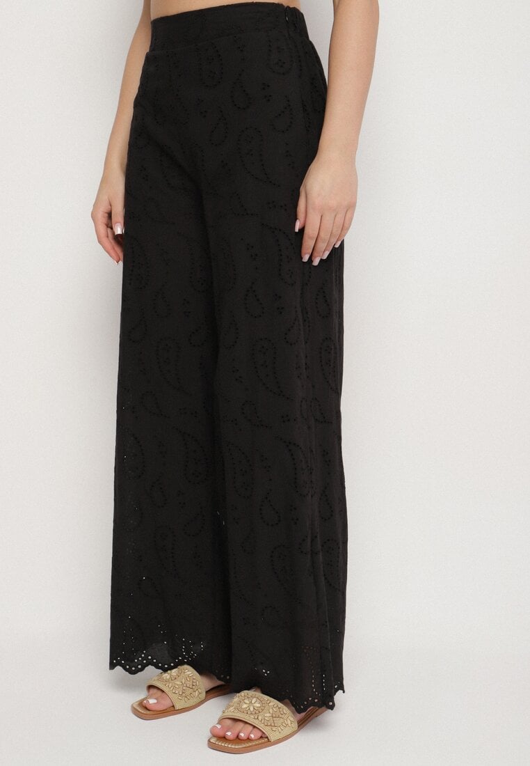 Czarne Szerokie Spodnie z Bawełny z Wysokim Stanem Ozdobione Haftem Mileneia
