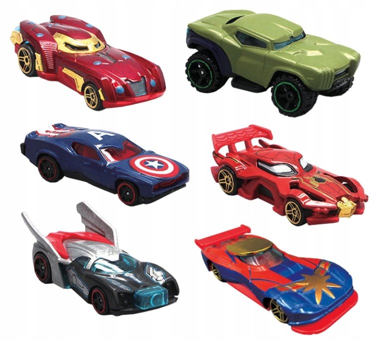 ZESTAW 6 SAMOCHODZIKÓW RESORAKÓW Z SERII MARVEL SUPERBOHATEROWIE AVENGERS