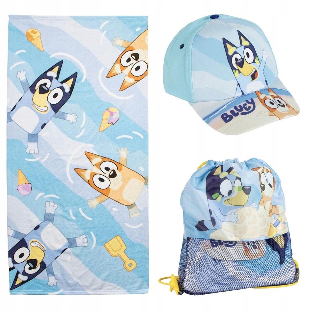 RĘCZNIK BLUEY CZAPKA Z DASZKIEM WOREK NIEBIESKI ZESTAW PLAŻOWY BLUEY BINGO