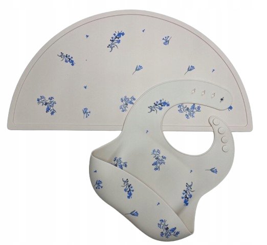 Zestaw Silikonowa Mata I Śliniak Z Kieszonką Na Stół Niebieskie Kwiatki