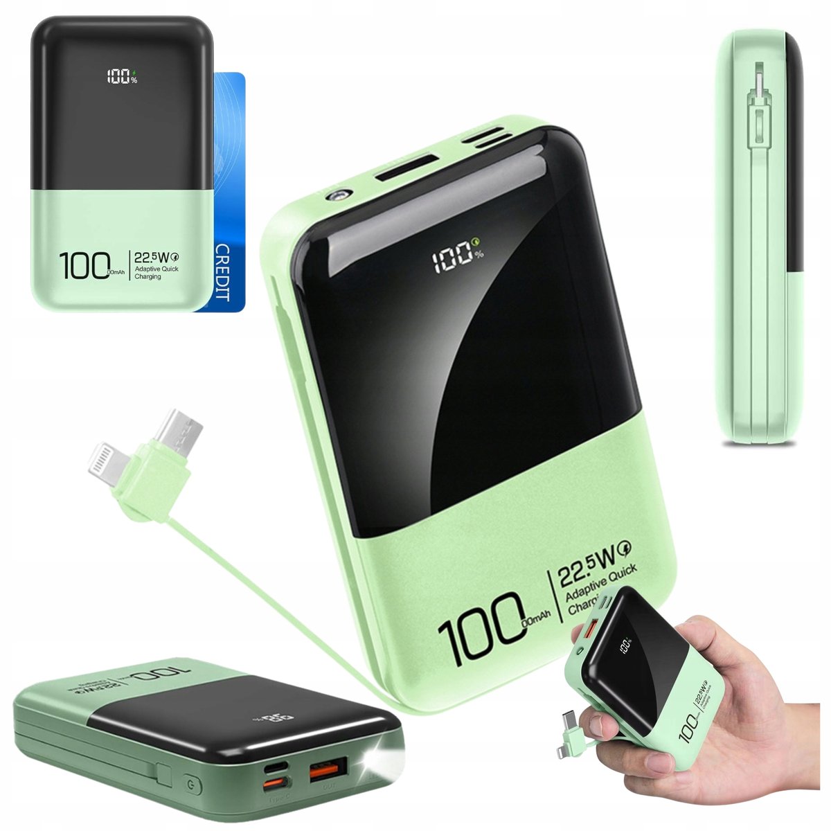 MINI POWER BANK 10000mah MAŁY POWERBANK ZIELONY 22.5W USB USB-C LIGHTNING