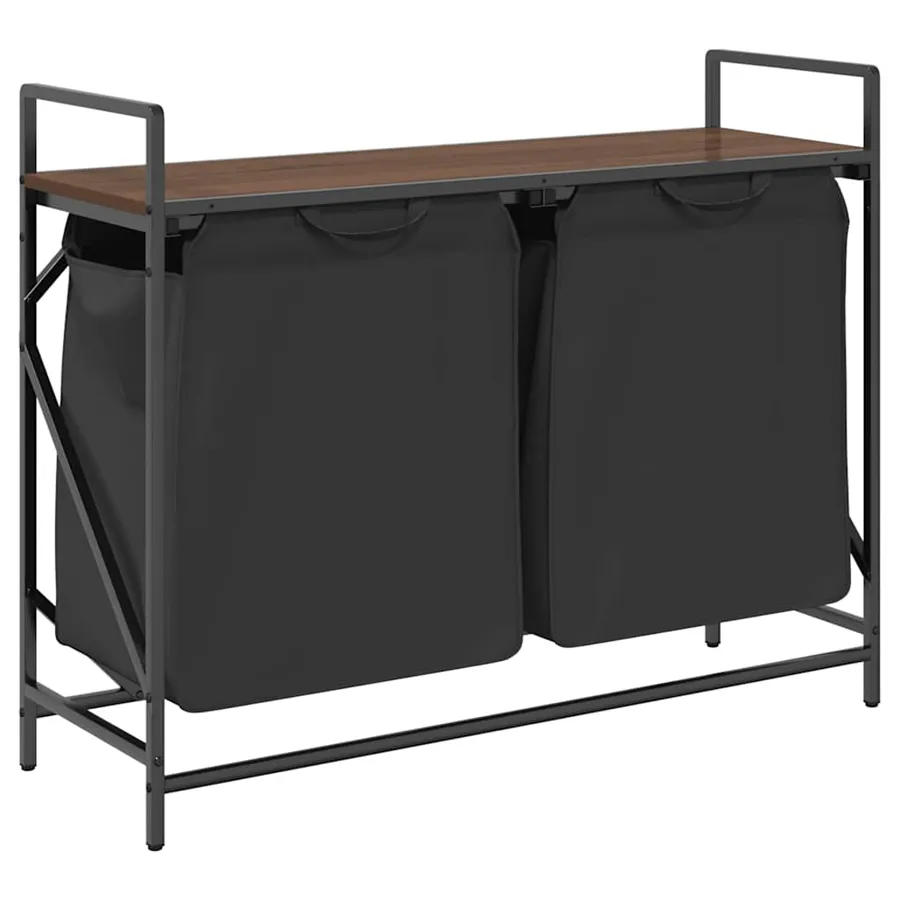 Kosz na pranie czarny z dwoma przegrodami i półką brązowy dąb S5-N09