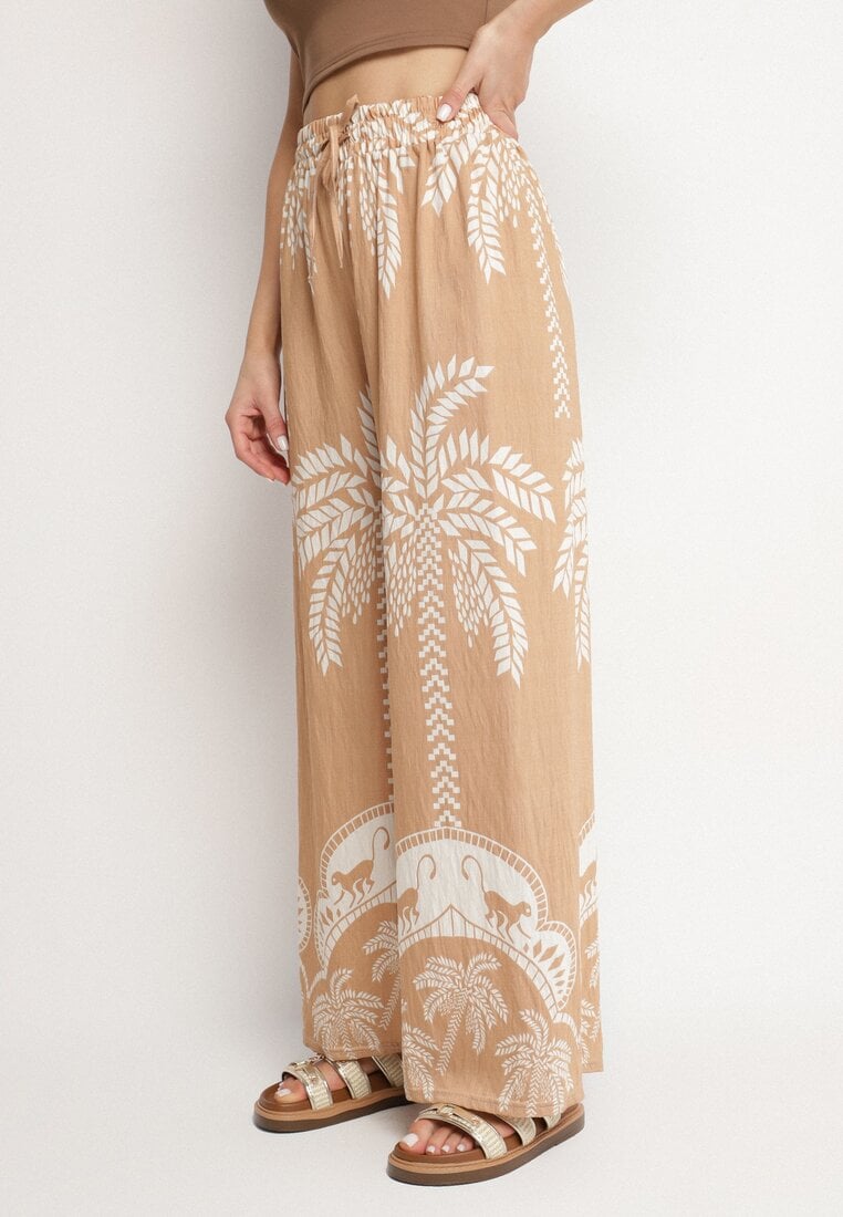 Ciemnobeżowe Wiskozowe Szerokie Spodnie z Wysokim Stanem z Palmami Bolritia