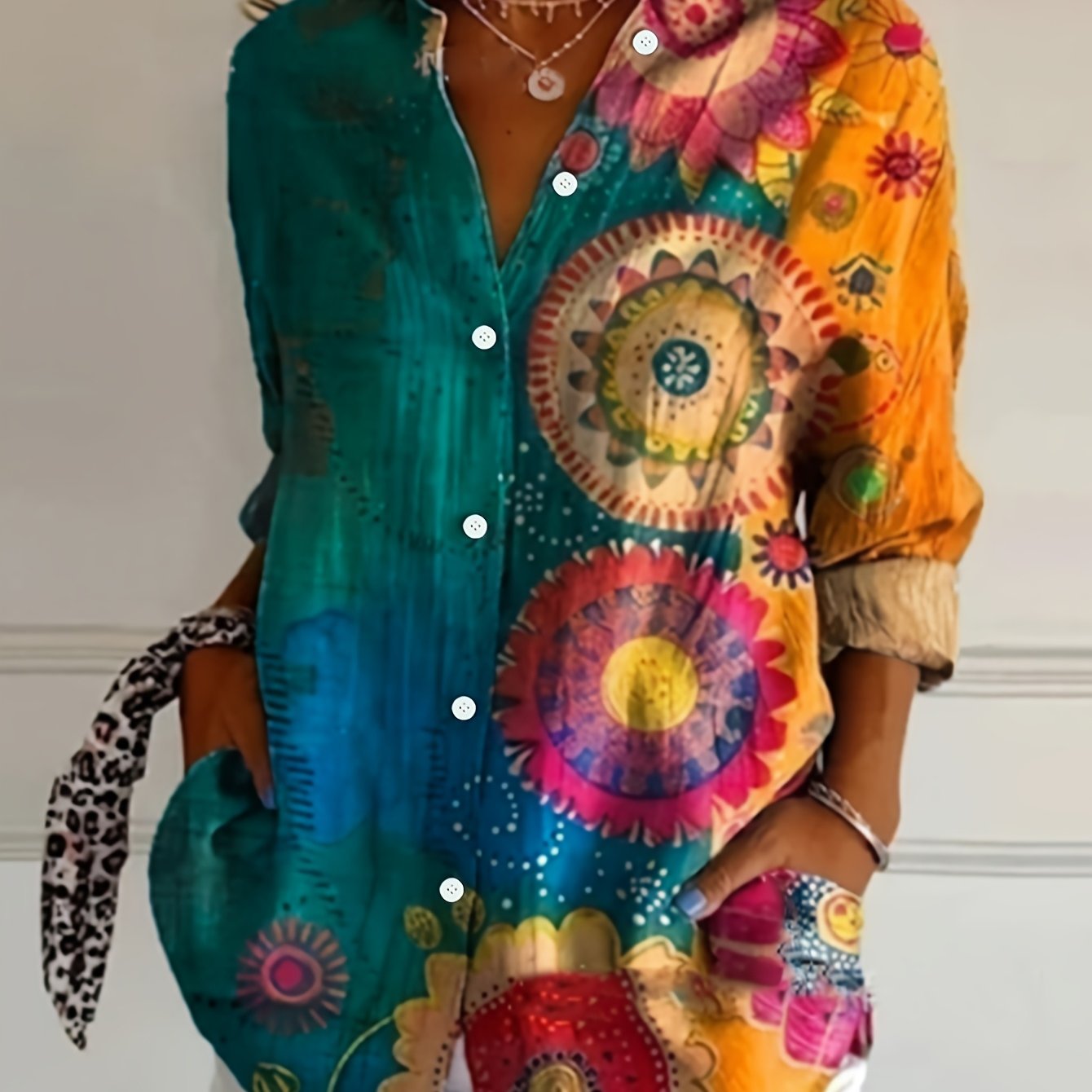 TEMU Koszula z kwiatowym nadrukiem w stylu vintage na Dzień , z przodu na guziki i długimi rękawami, zaprojektowana dla kobiet.