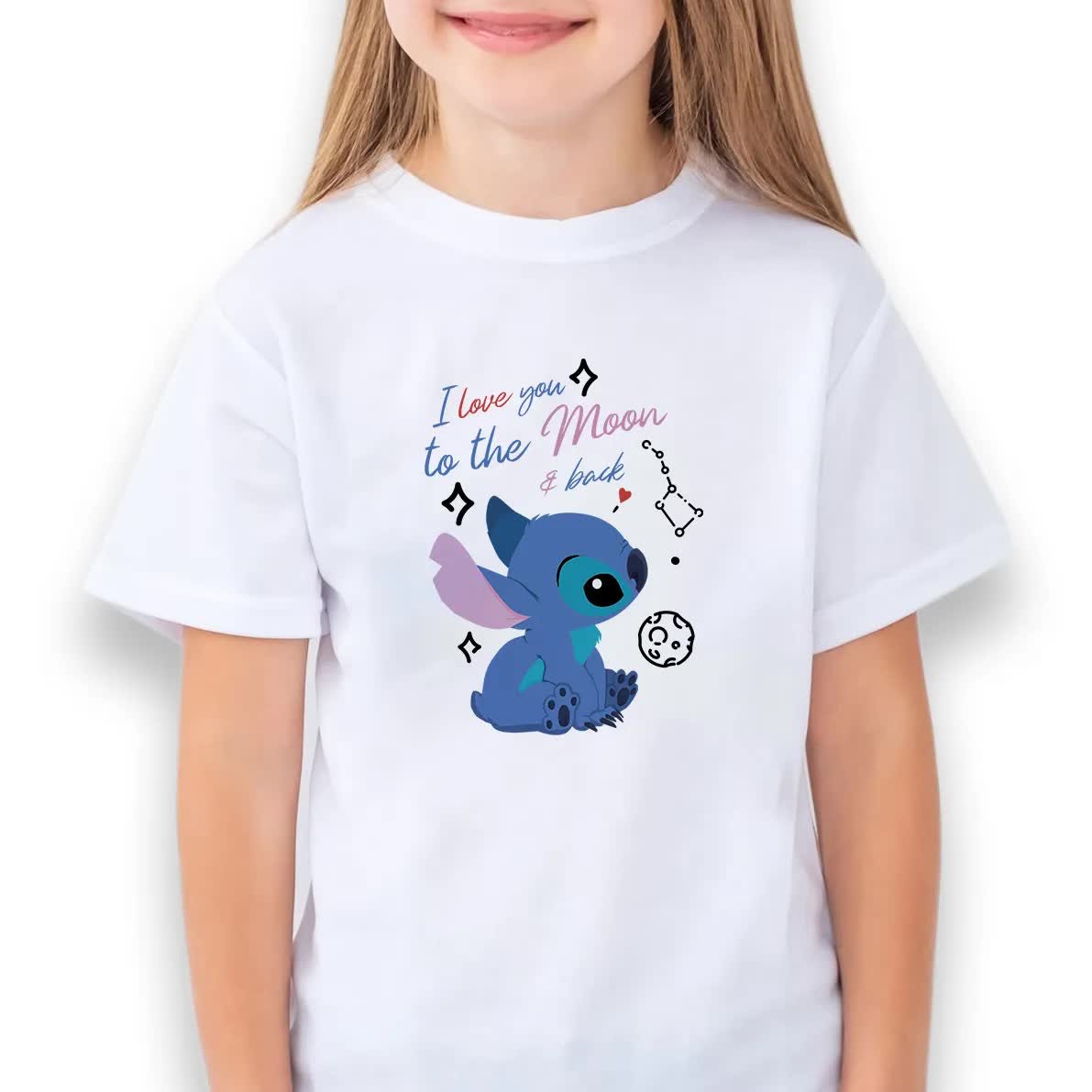 KOSZULKA DZIECIĘCA BIAŁA LILO I STICH LOVE YOU TO THE MOON WZORY - 134