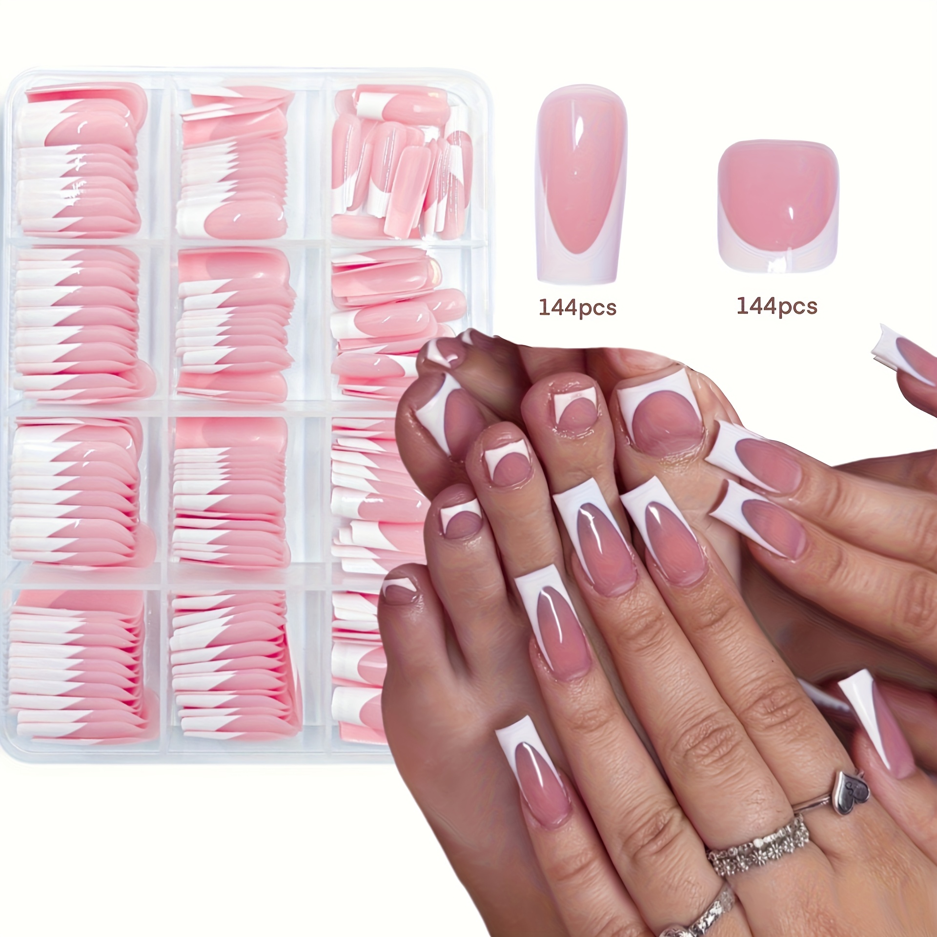 TEMU Prosty Zestaw Kombinacji Rąk i Stóp, 288 sztuk Białych Francuskich Arkuszy do Paznokci Kwadratowych z Długim Wzorem, Dekoracja o Wysokim Połysku