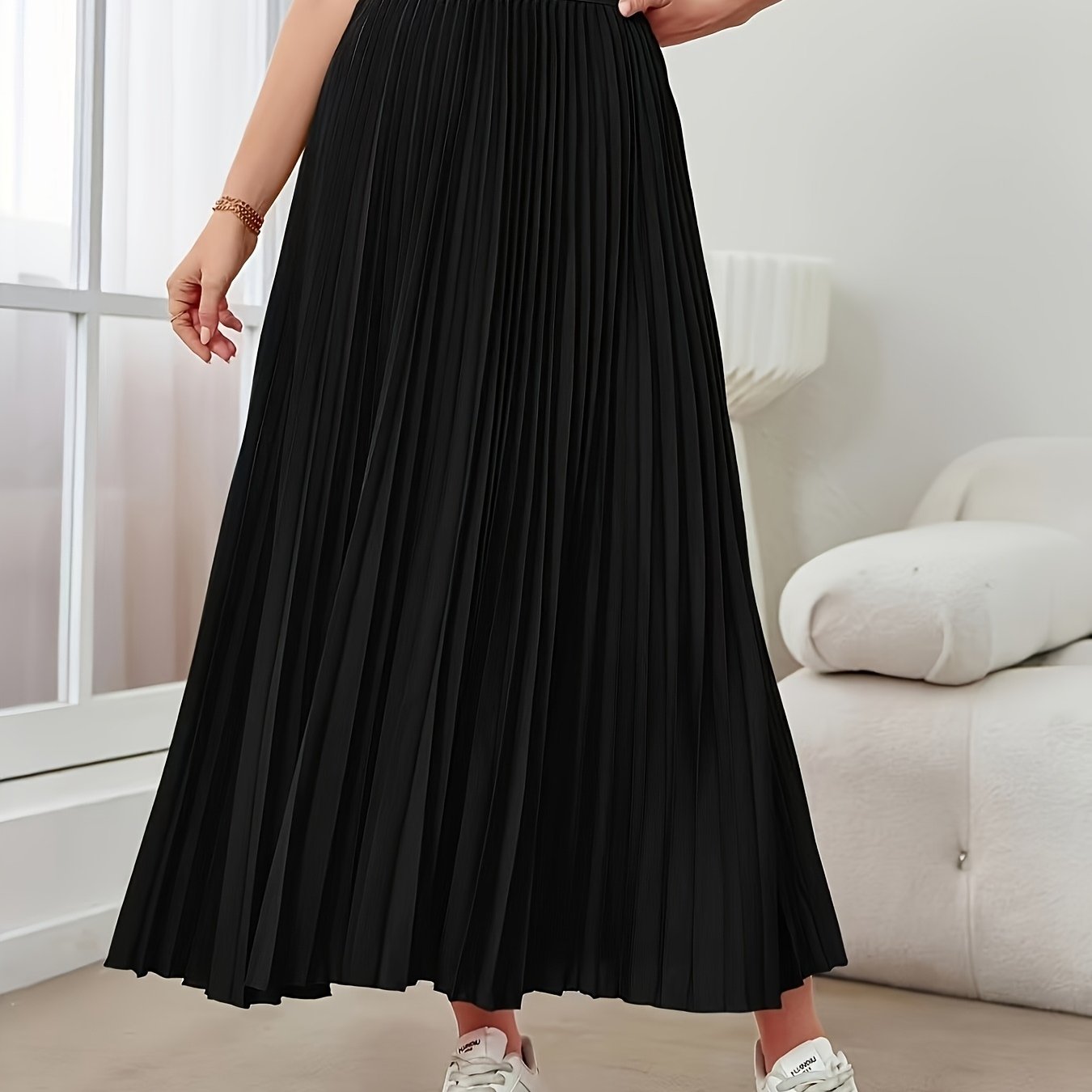 TEMU Jednokolorowa Spódnica Plisowana z Wysokim Stanem, Casualowa Sukienka do Kostki