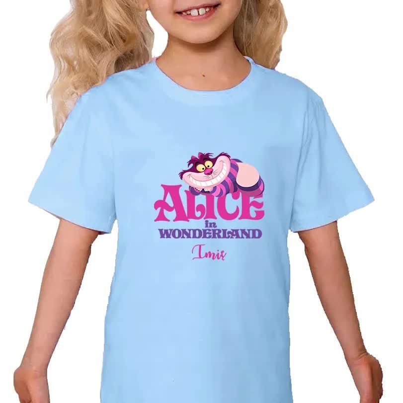 KOSZULKA BŁĘKITNA Dziecięca Na Prezent ALICE IN WONDERLAND IMIĘ Wzory - 134