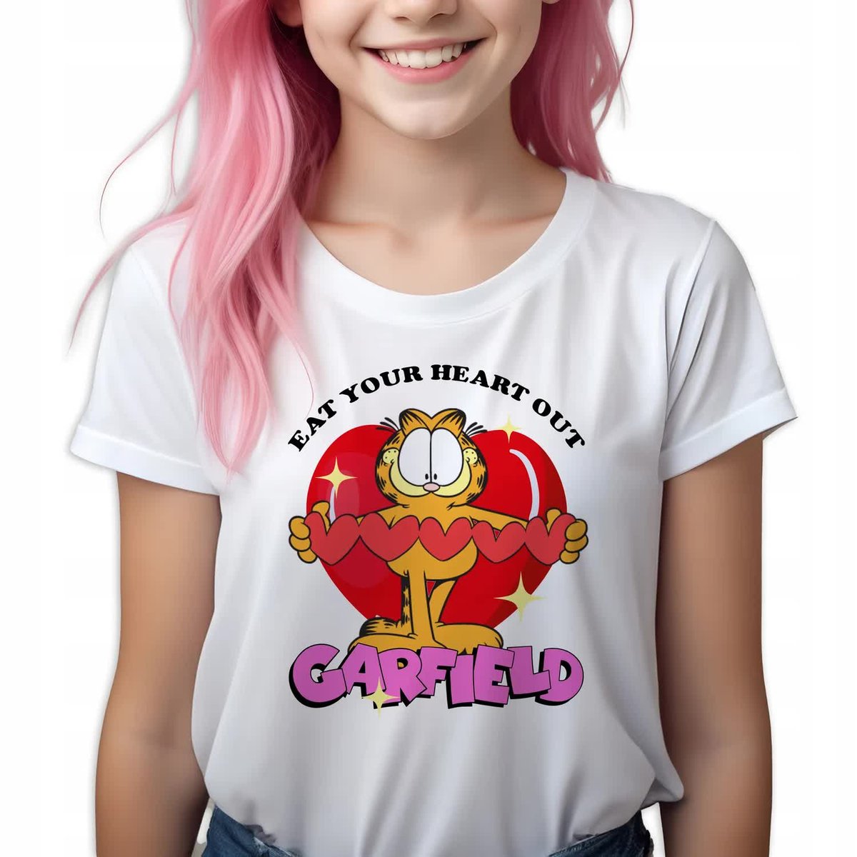 Koszulka Dziecięca Biała Garfield EAT YOUR HEART OUT Wzory Rozm 134-140 cm