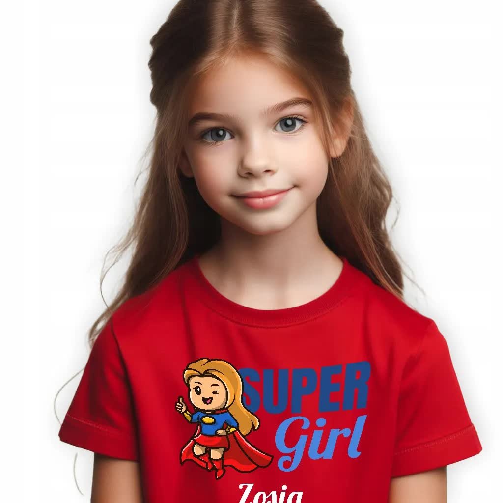 KOSZULKA DZIECIĘCA Czerwona SUPER GIRL Własne IMIĘ Personalizowana - 134 cm