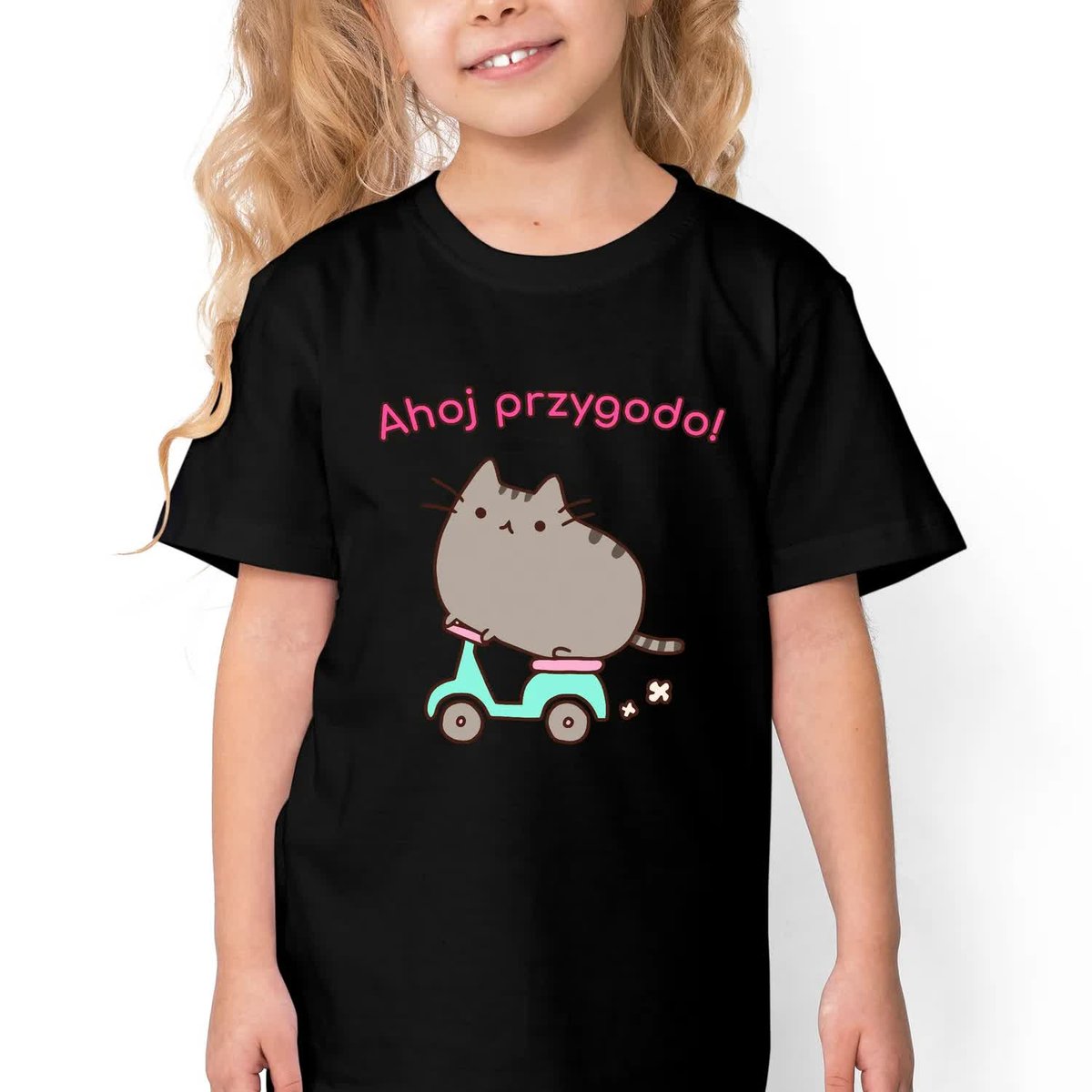 Modna Koszulka Bawełniana Dziecięca Czarna Kotki AHOJ PRZYGODO Wzory - 134