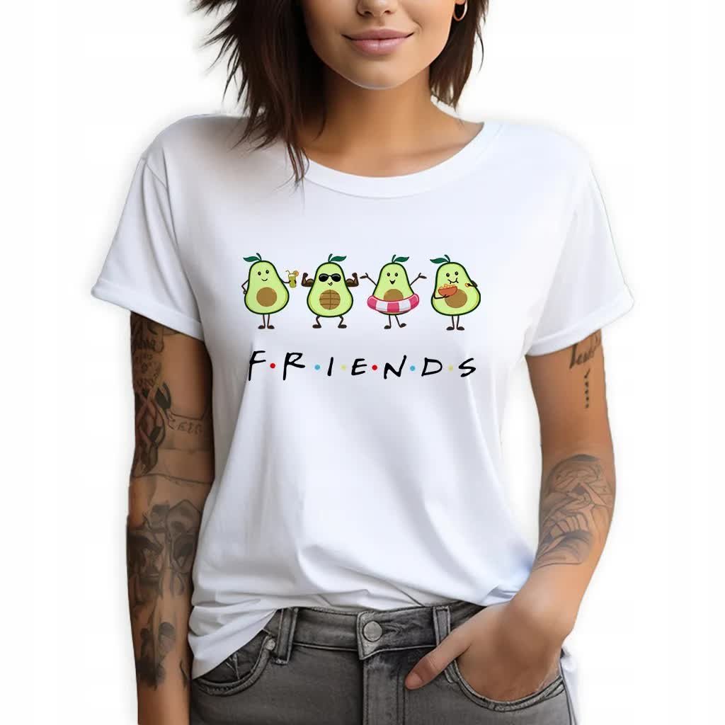 Koszulka Damska Biała AVOCADO FRIENDS Wysoka Jakość Wiele Wzorów Rozm. -L