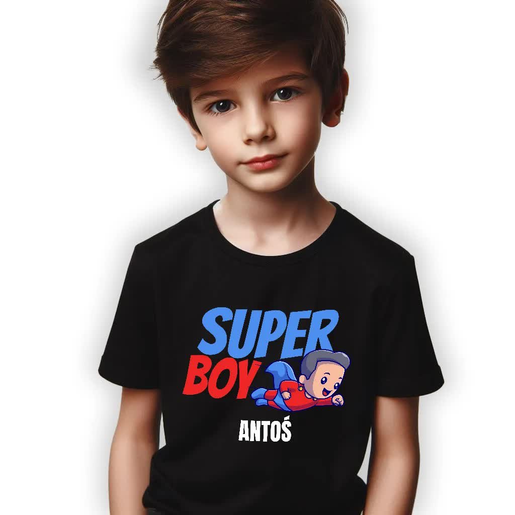 KOSZULKA DZIECIĘCA CZARNA SUPER BOY Własne IMIĘ Personalizowana - 134 cm