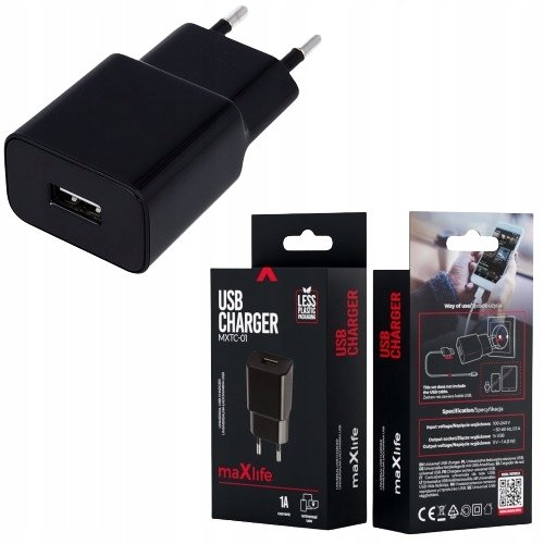 ŁADOWARKA SIECIOWA USB DO TELEFONU MAXLIFE 1A UNIWERSALNA CZARNA ORYGINALNA
