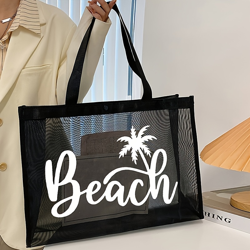 TEMU Duża torba z siatki oddychającej o dużej pojemności z drzewem kokosowym i nadrukiem literowym - składana, damskie torebki na ramię do plaży,