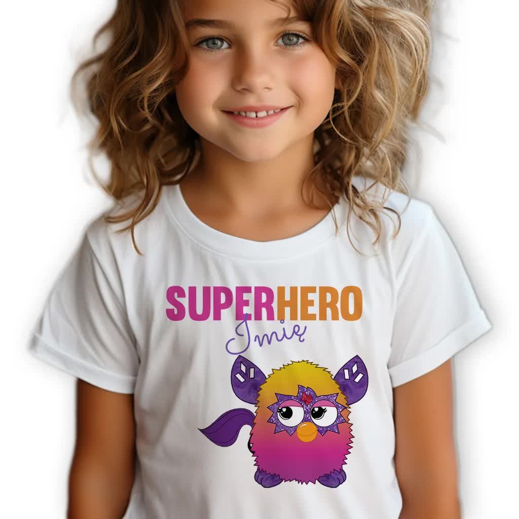 Koszulka Dziecięca Biała FURBY SUPERHERO *TWOJE IMIĘ* Rozmiar 134 cm WZORY