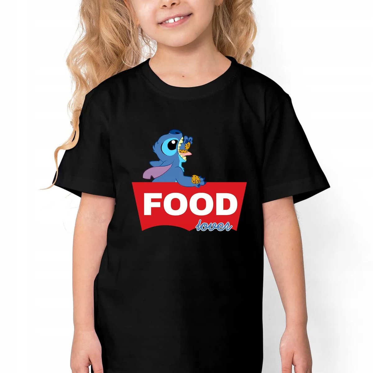 KOSZULKA BAWEŁNIANIA DZIECIĘCA CZARNA LILO I STICH FOOD LOVER WZORY - 134