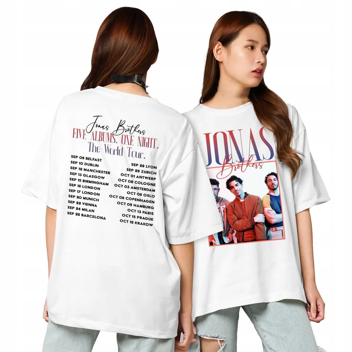 Koszulka Biała Merch FIVE ALBUMS ONE NIGHT JONAS BROTHERS Koncerty Wzory XS