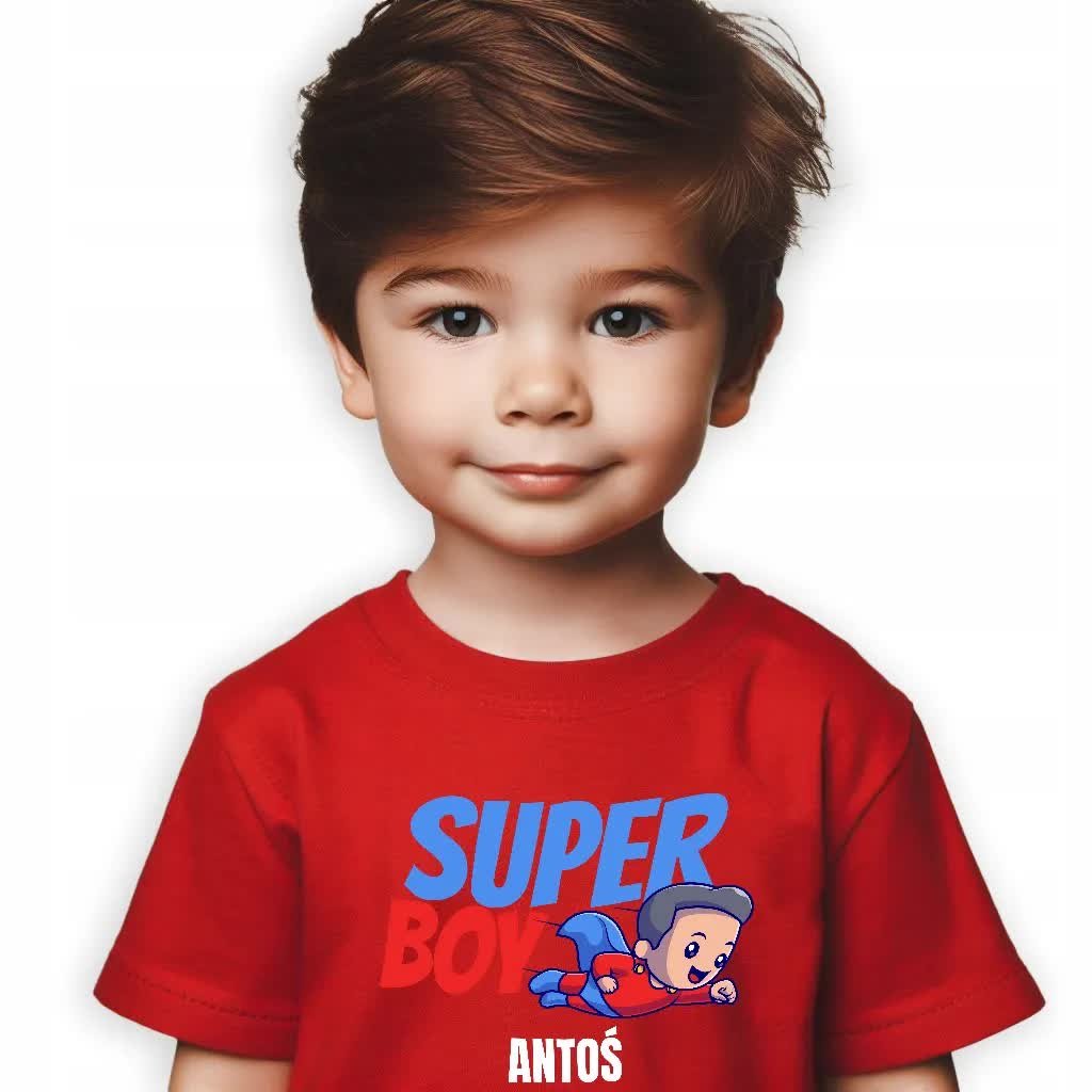 KOSZULKA DZIECIĘCA Czerwona SUPER BOY Własne IMIĘ Personalizowana - 146 cm