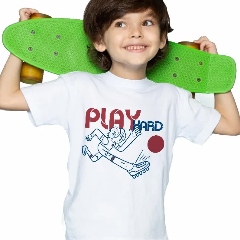 KOSZULKA BAWEŁNIANIA DZIECIĘCA BIAŁA DLA SPORTOWCA PLAY HARD WZORY - 86