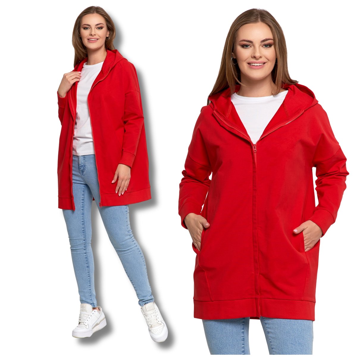LUŹNA BLUZA DAMSKA DRESOWA ROZPINANA DŁUGA GŁADKA Z KAPTUREM MORAJ - XL/XXL