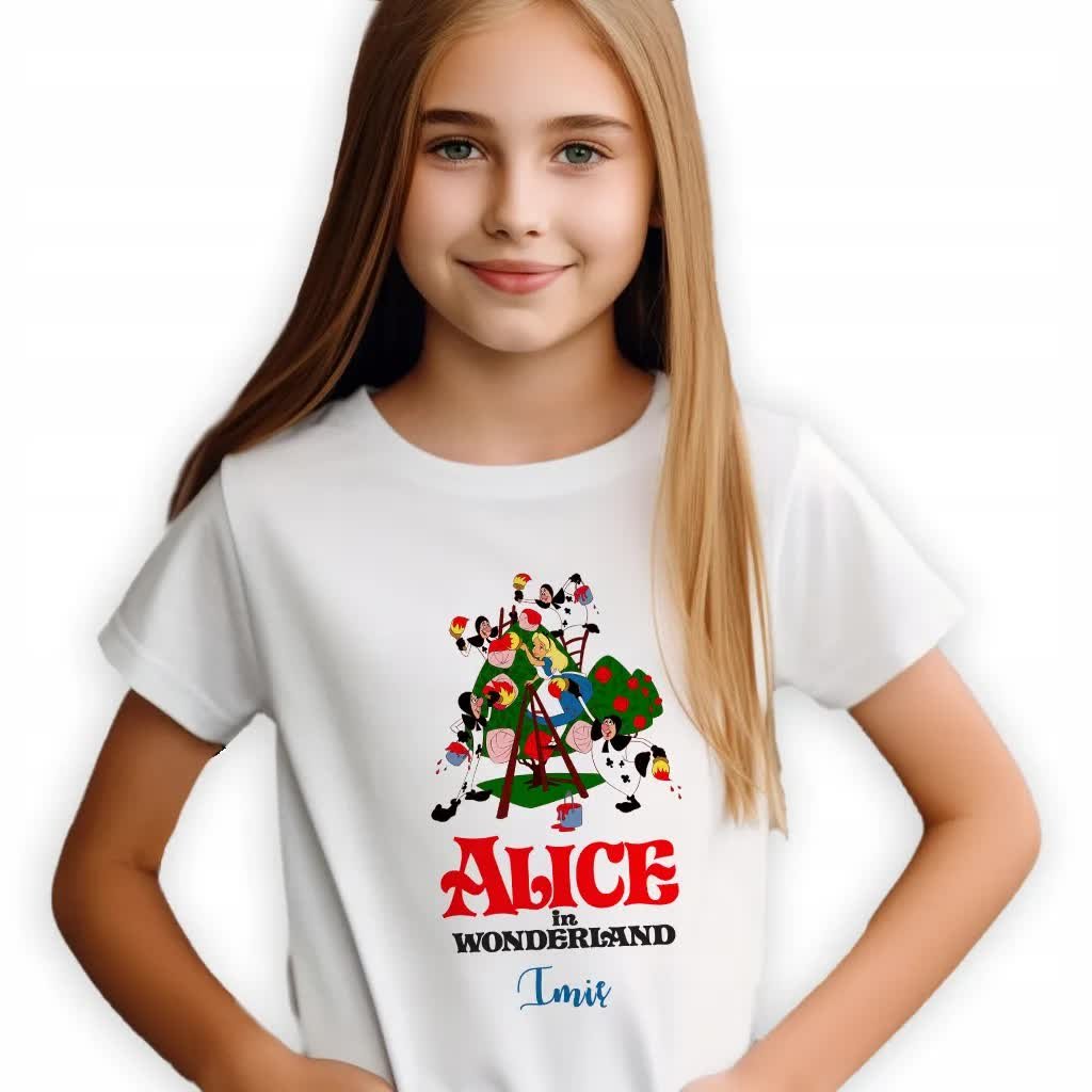 KOSZULKA BIAŁA DZIECIĘCA Na Prezent ALICJA W KRAINIE CZARÓW IMIĘ Wzory 146