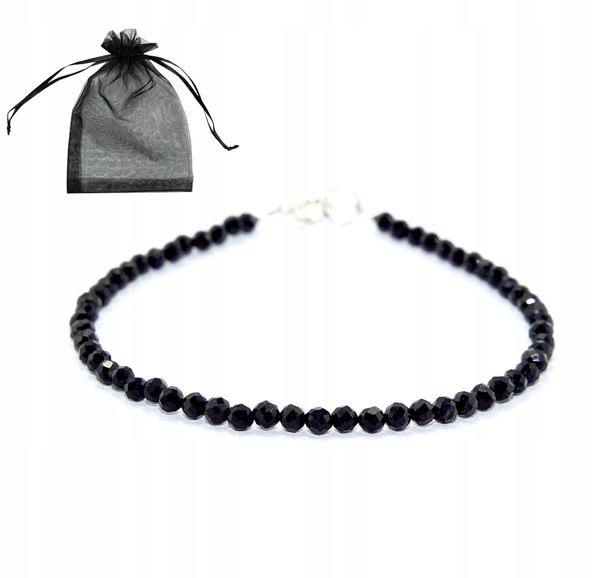 Czarny Turmalin Bransoletka z Naturalnych Kamieni 2mm srebrne zapięcie 17cm
