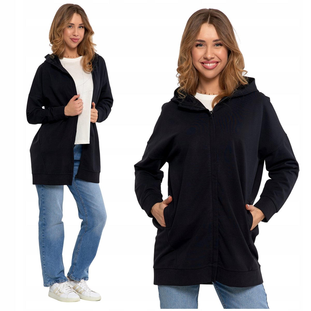 LUŹNA BLUZA DAMSKA DRESOWA ROZPINANA DŁUGA GŁADKA Z KAPTUREM MORAJ 3XL/4XL