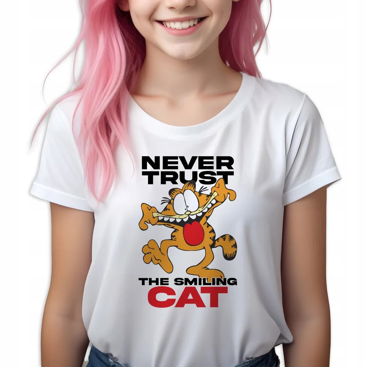 Koszulka Dziecięca Biała Garfield NEVER TRUST THE SMILING CAT Wz 134-140 cm