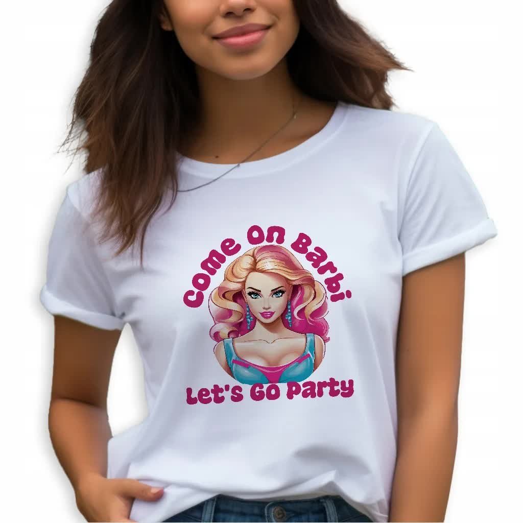 KOSZULKA DAMSKA BIAŁA Na Prezent Urodziny Let's Go Party BARBI Wzory - XL