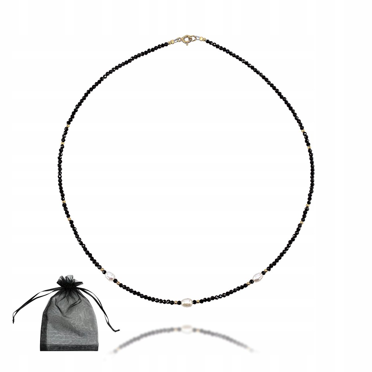 Naszyjnik PERŁY i CZARNE TURMALINY 2,0mm Srebro 925 pozłacane dł. 45cm