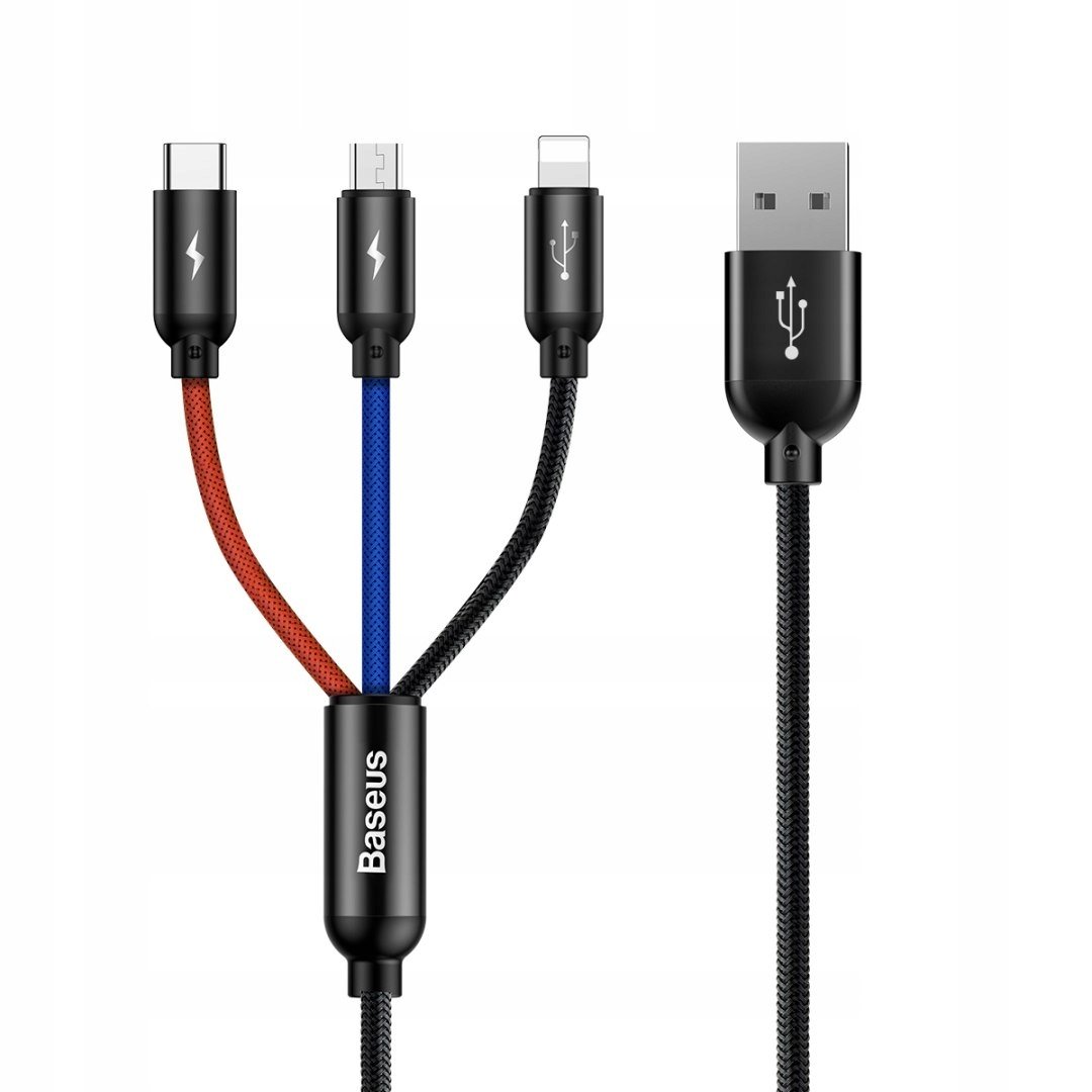 3w1 Kabel przewód USB-A - micro USB / iPhone Lightning / USB-C 3.5A 0.3m -