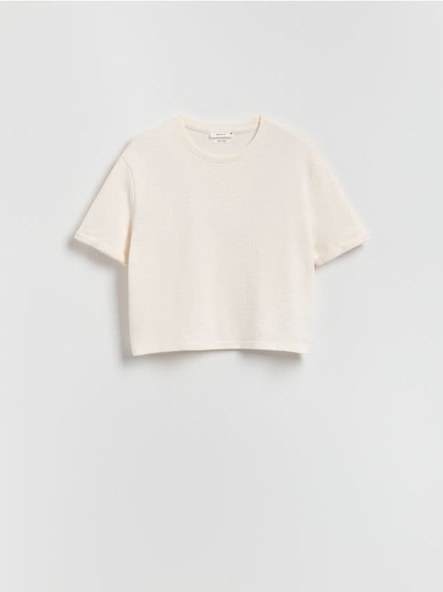 Reserved - Dzianinowy t-shirt z bawełną - złamana biel