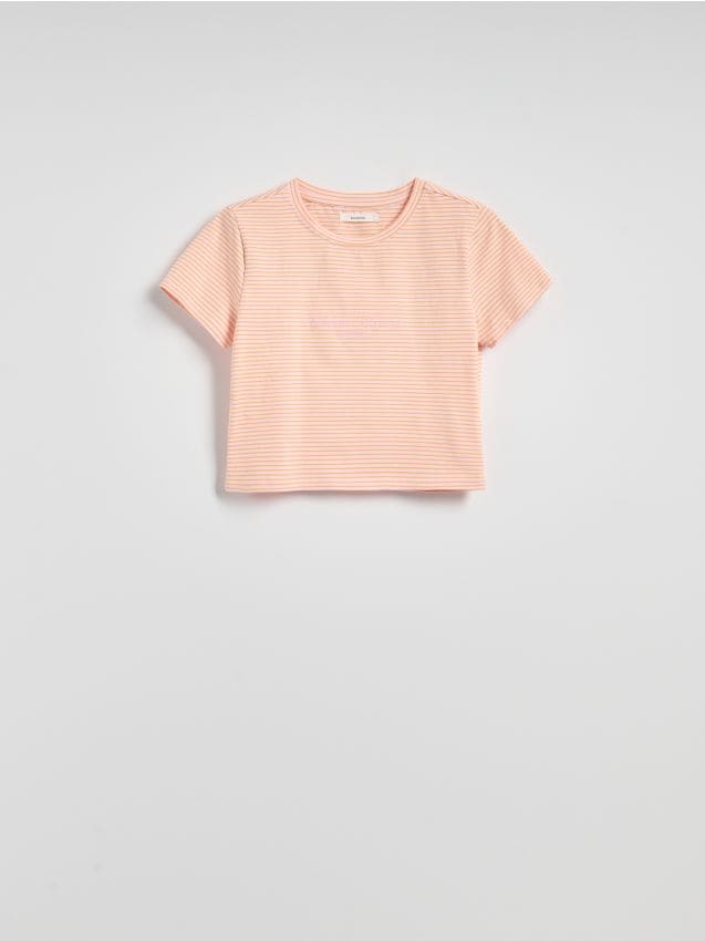 Reserved - T-shirt w paski - pastelowy róż
