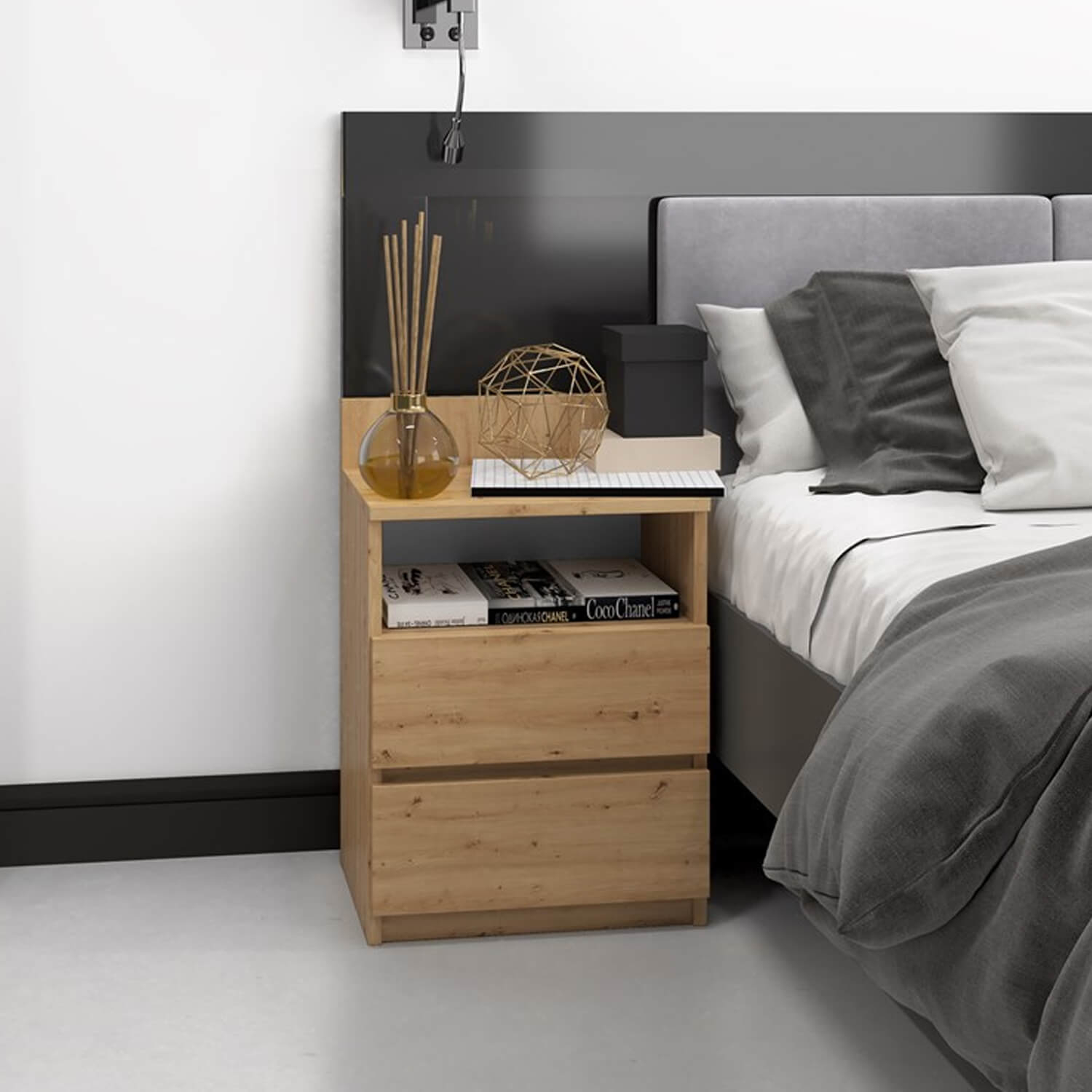 Szafka Nocna do Sypialni NELA M1 40 cm z Szufladami i Półką Dąb Artisan Loft