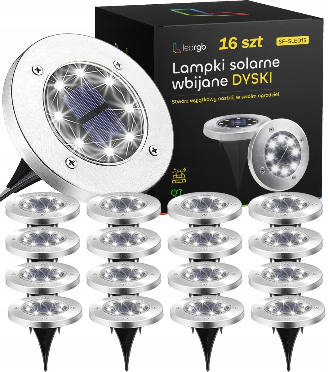 LAMPKI SOLARNE LED ŚWIECĄCY DYSK x16 OGRODOWE WBIJANE GRUNTOWE Z CZUJNIKIEM