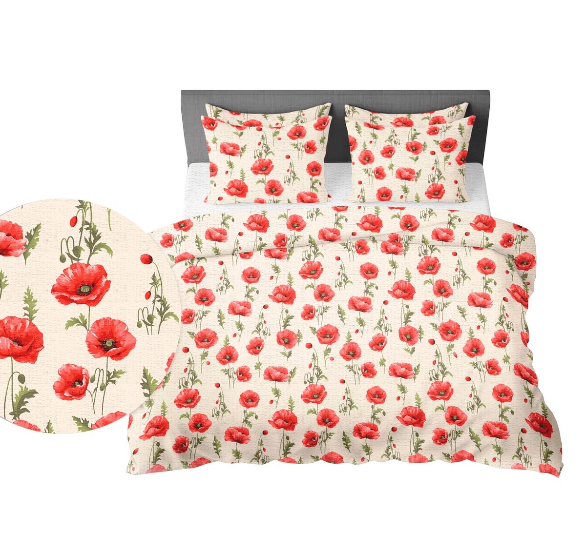 Pościel z kory 140x200 maki na kremowym tle