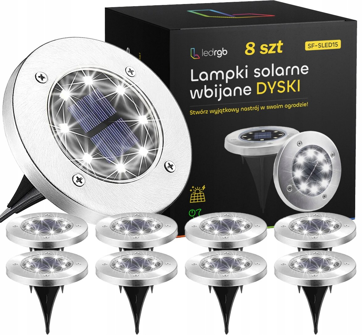 LAMPKI SOLARNE LED ŚWIECĄCY DYSK x8 OGRODOWE WBIJANE GRUNTOWE Z CZUJNIKIEM