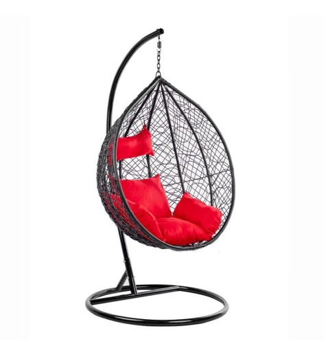 VELACO Fotel ogrodowy/kokon KORFU wiszący bujany z podstawą kolor CZARNY poduszka CZERWONA