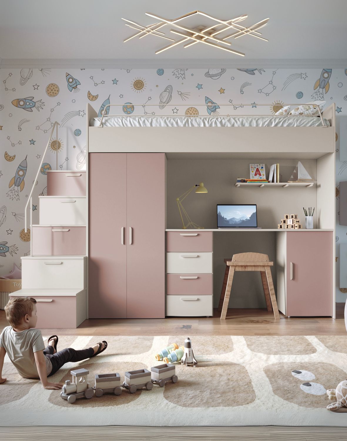 Meblościanka Raj 4 kaszmir - pokój dziecięcy, młodzieżowy z materacem i stelażem niebieski mglisty antyczna róża