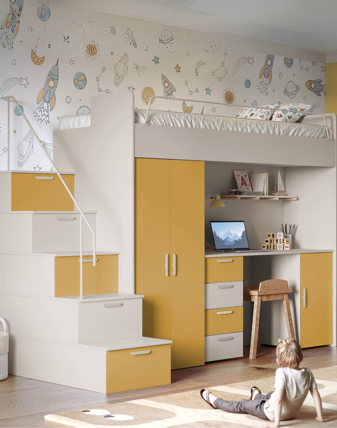Meblościanka Raj 4 kaszmir - pokój dziecięcy, młodzieżowy z materacem i stelażem żółty curry