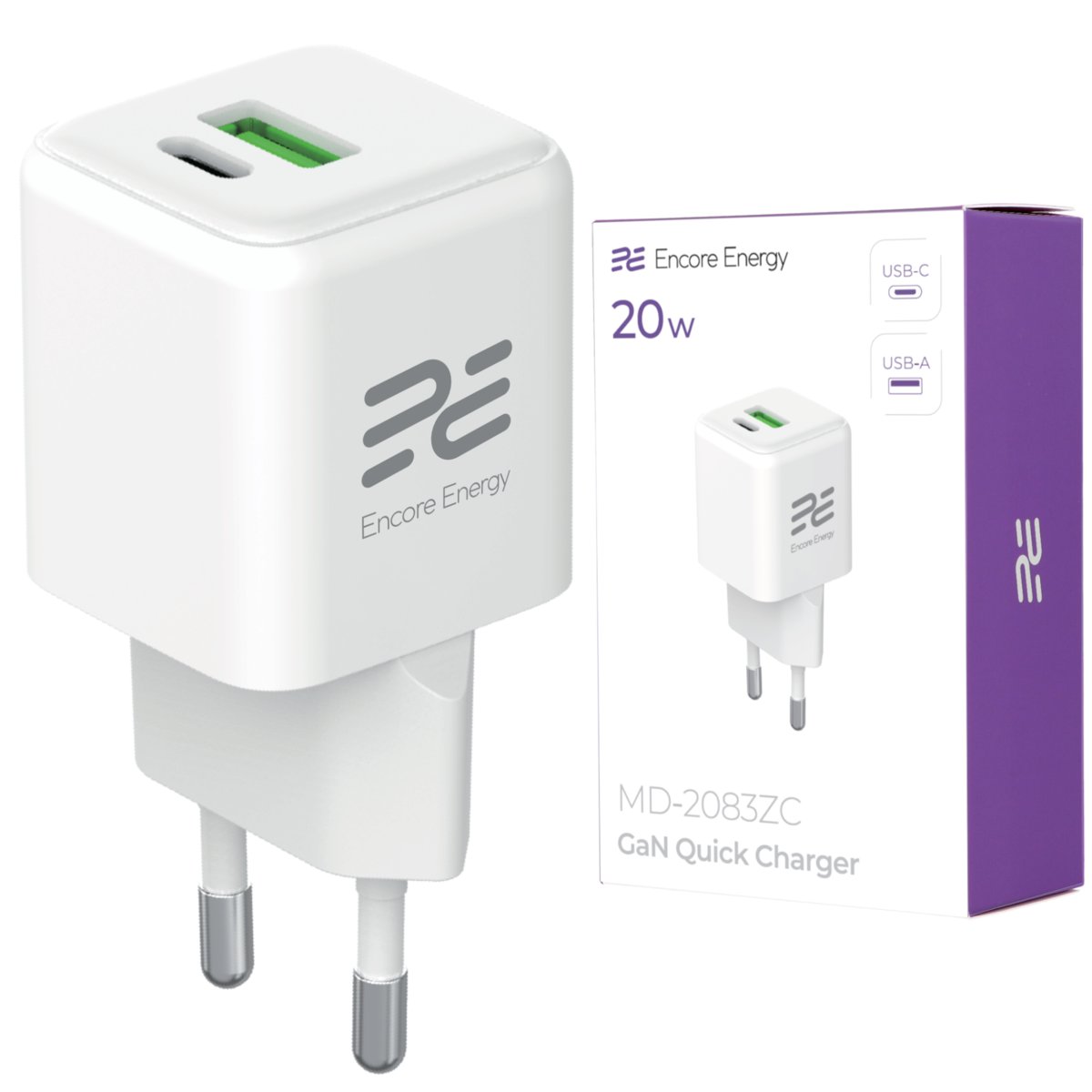 Nowa ładowarka sieciowa GaN 20W USB-A USB-C QC PD Encore Energy MD-2083ZC