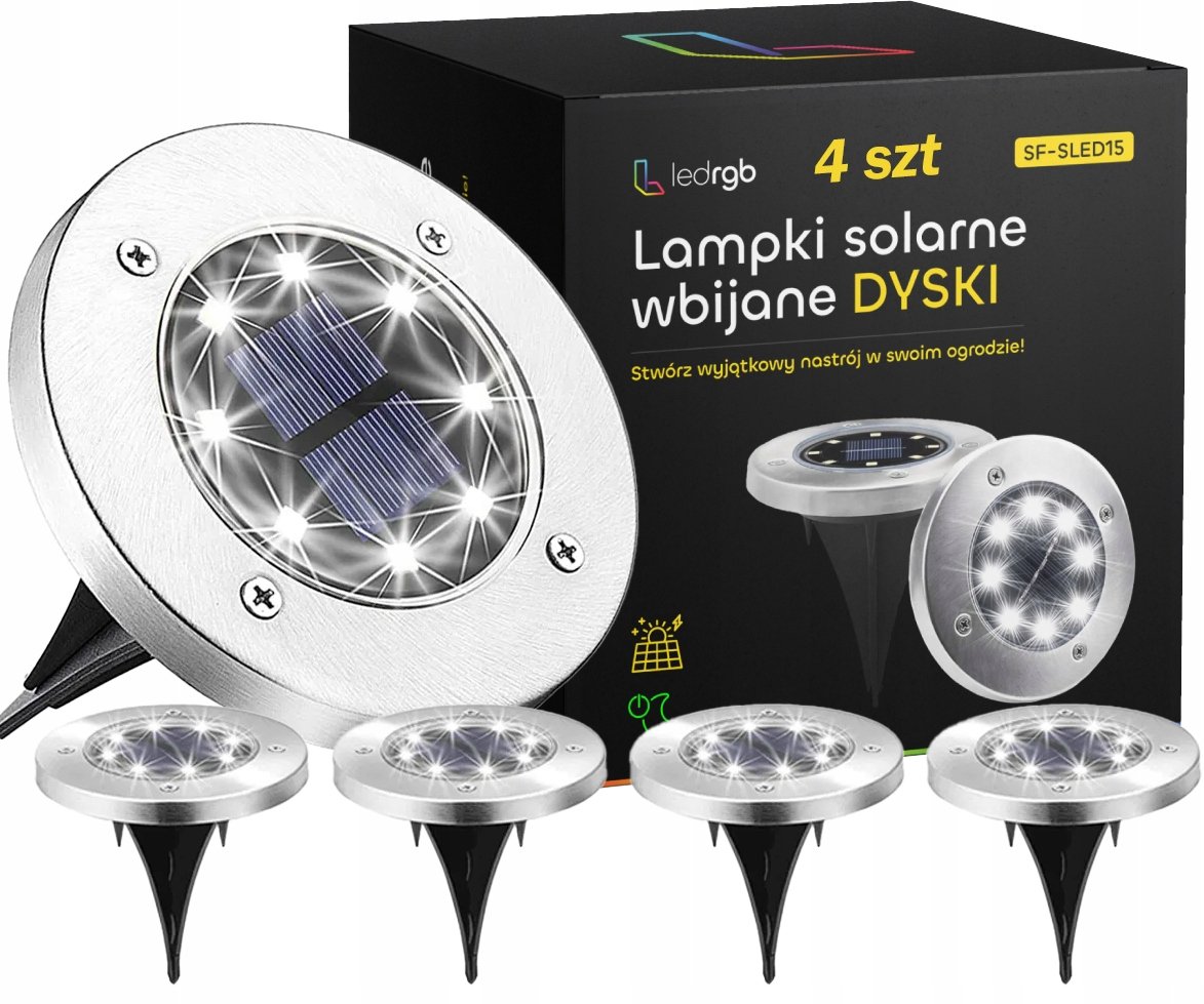 LAMPKI SOLARNE LED ŚWIECĄCY DYSK x4 OGRODOWE WBIJANE GRUNTOWE Z CZUJNIKIEM